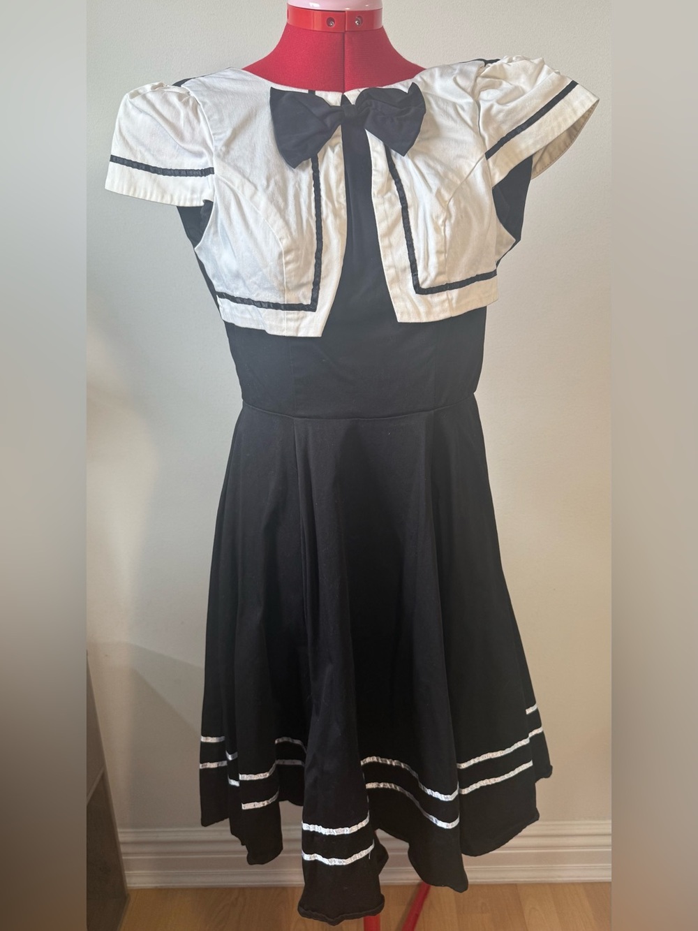 Classic Black & White Sailor Mini Dress with Bow and Cap Sleeves - Never Worn